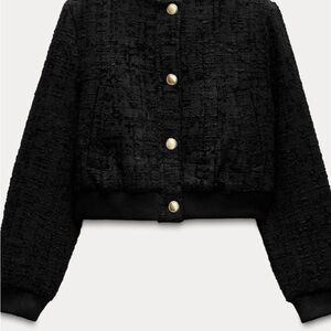 Zara Black Textured Bomber Tweed Jacket with Gold-Tone Buttons